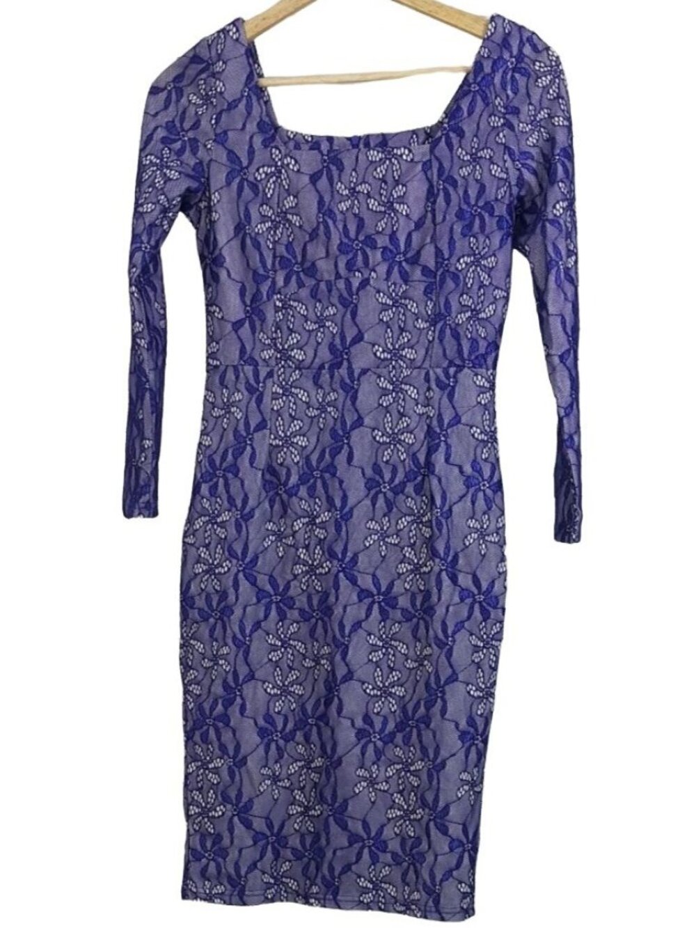 Miusol Womens Cocktail Dress Blue Small Square Neck Floral Lace Overlay Sheath